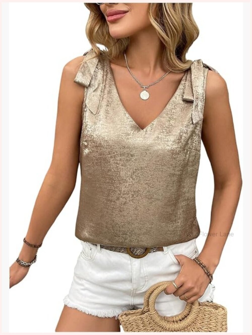 Metallic Tie Bow V Neck Sleeveless Tank Top Dressy Casual Blouse